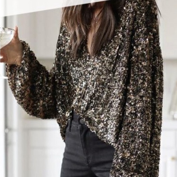 Free People Seeing Stars M/L Gold Black Allover Sequin Embellished Open Jacket - Picture 8 of 9